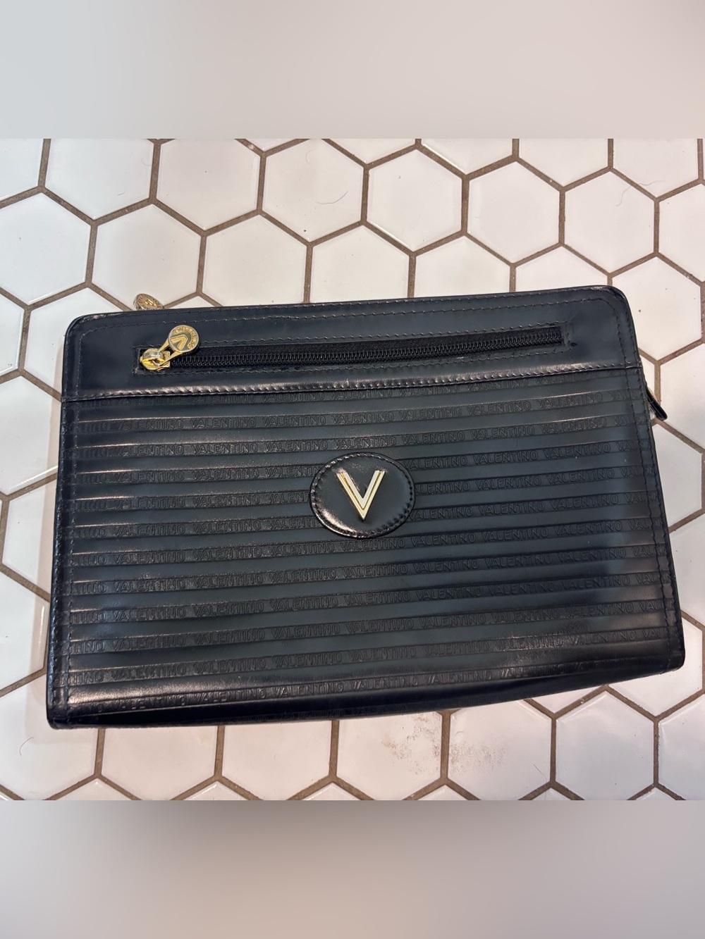 Vintage Mario Valentino Black Leather Embossed V Logo Cosmetic Bag